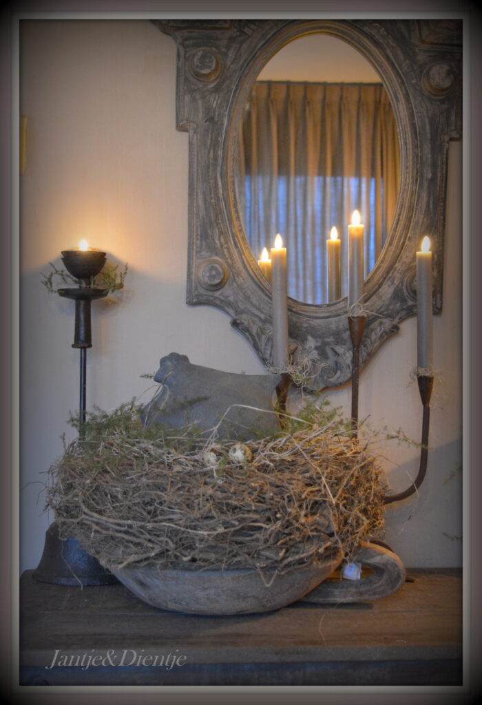 stoer en landelijk wonen. Nest met kip in houten kom met handvat.
