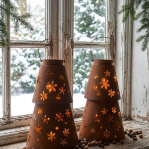 stoer en landelijk wonen. Metalen roestige kerstlantaarns.