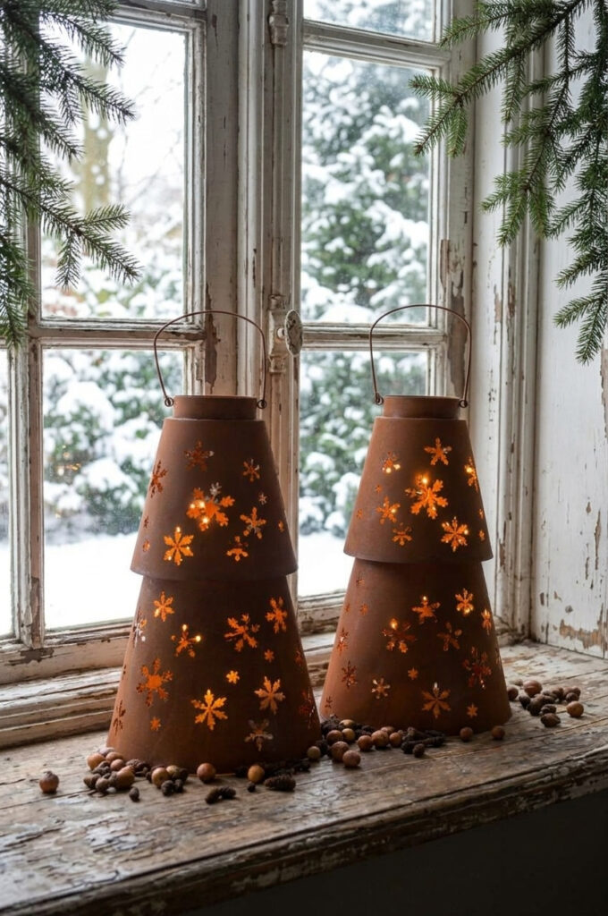 stoer en landelijk wonen. Metalen roestige kerstlantaarns.